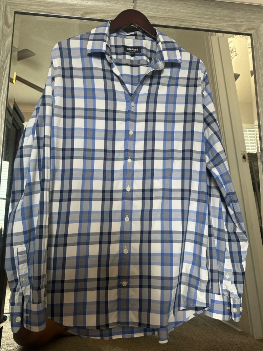 Express Men's Blue and White Plaid Dress Shirt